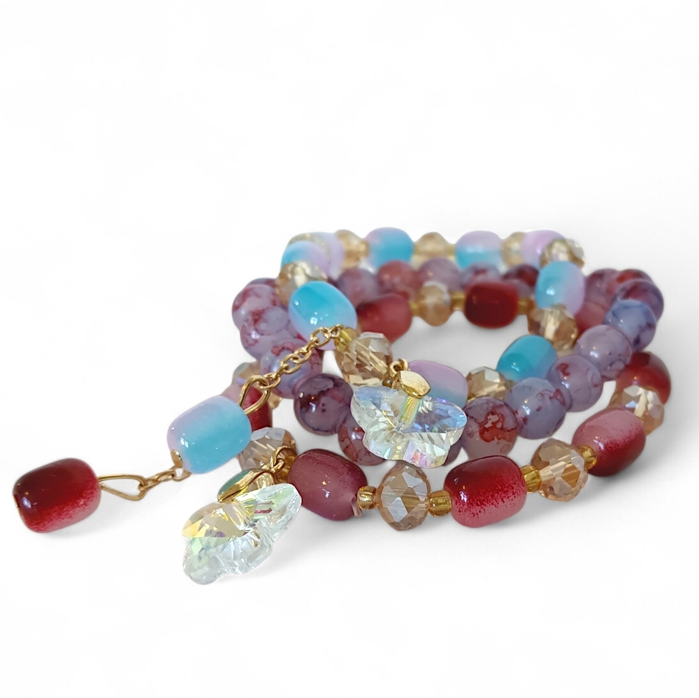 Spring Garden Charm Bracelet Set Gold Crystal Blue Pink Sparkle Butterfly Cute